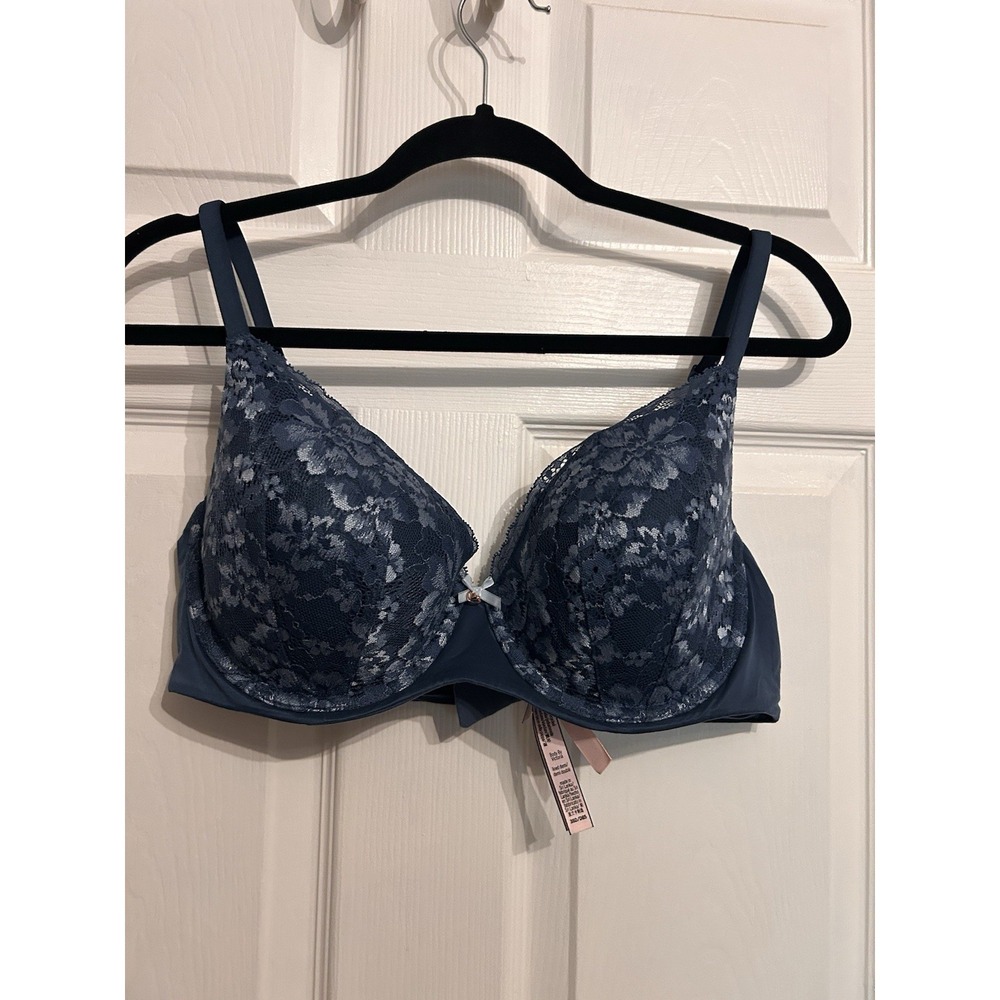 Victorias Secret 38D Bra Body by Victoria Lined Demi Padded Floral Lace Blue - Picture 2 of 14